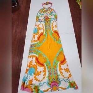 100%.Silk Taka Multicolor Halter Maxi Dress w/cotton lining : all natural fiber